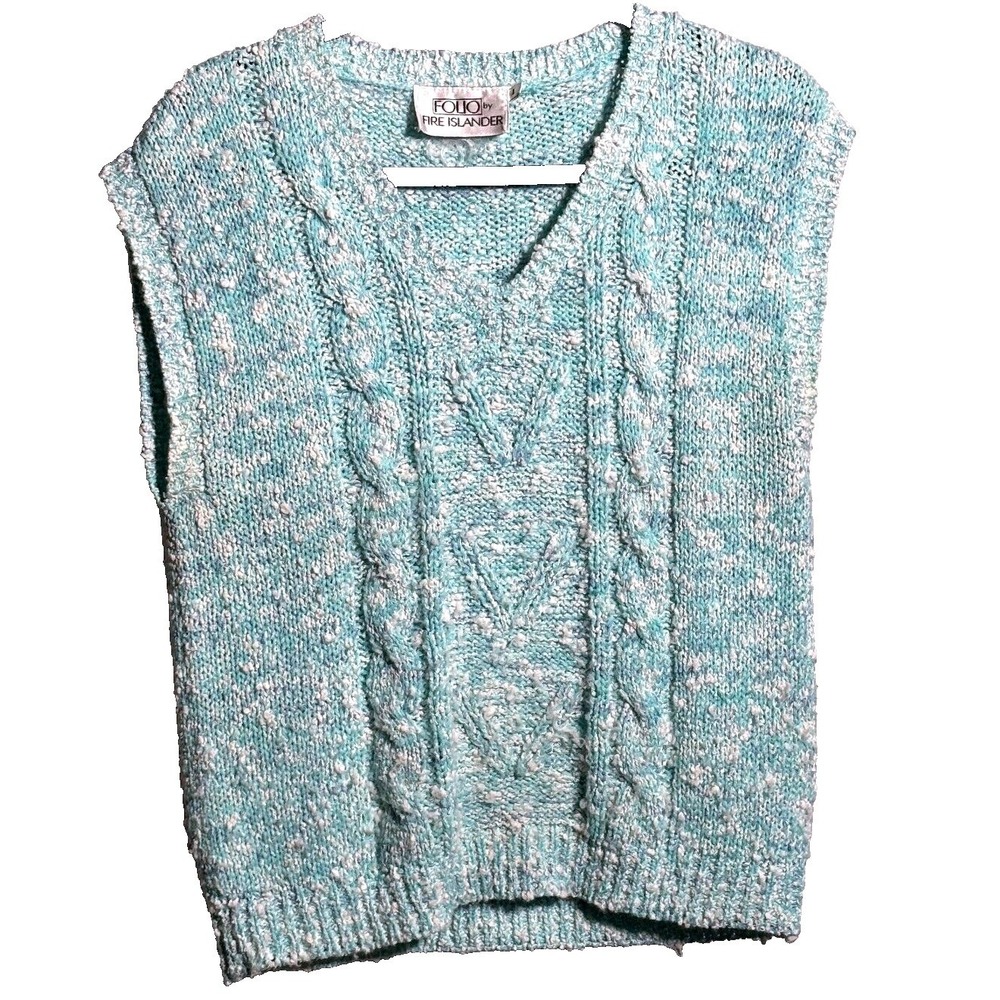 Vintage Blue White Speckled Cable Knit Vest Tank Top‎ Womens L Preppy Academia